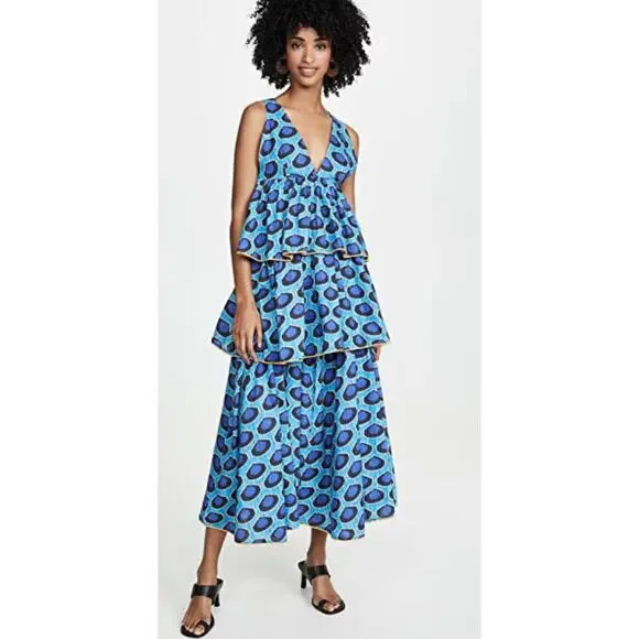 Rhode Leela Tiered Abstract Print Cotton Midi Dress‎ in Blue Ikat Size Medium - Picture 2 of 10